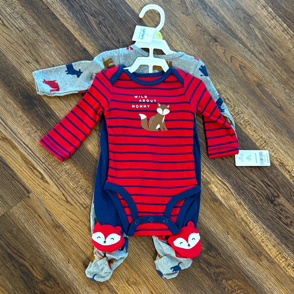 Carter's Red and Blue Striped Fox Bodysuit with pants and additional outfit. 3pc
